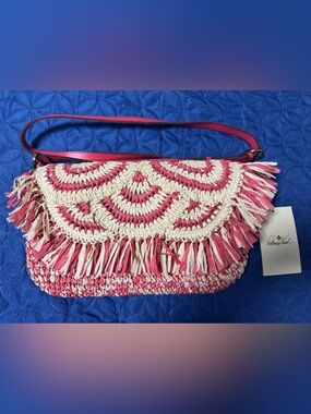 Patricia Nash Pink and Cream Woven Fringe Crossbody